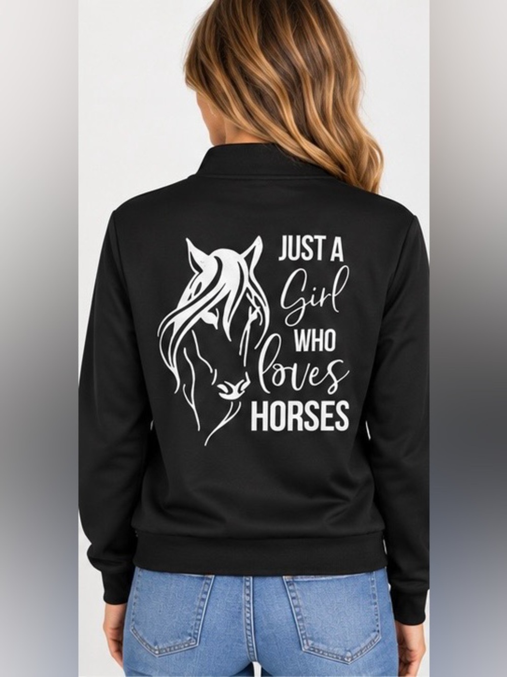 NWOT Women’s Horse Lover Bomber Jacket Black Equestrian Graphic Full Zip Size M